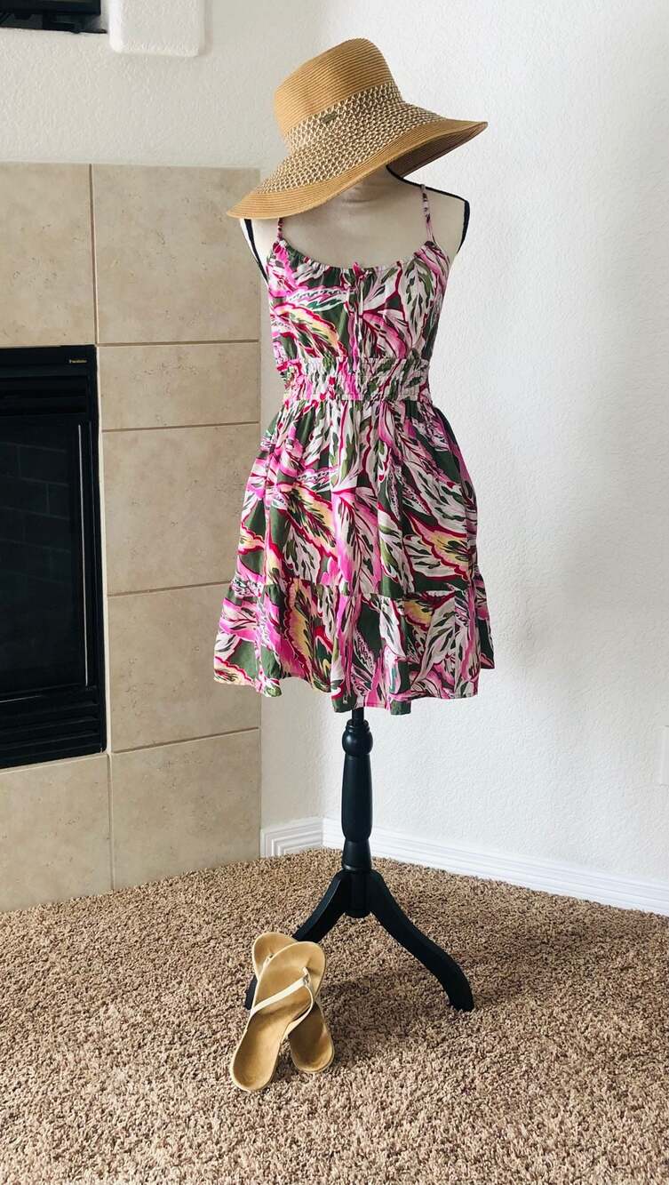 LOFT Beach Tropical Leaf Print Smocked Waist Mini Dress Si
